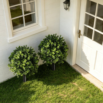 Lot de 2 boules de buis artificiel, faux arbustes à trois branches pour la décoration de porche, jardin, cour ou balcon.