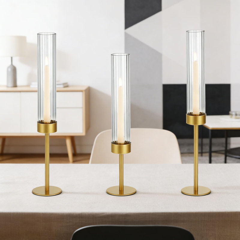 Ensemble de 6 porte-bougies en verre ouragan avec base en métal doré, porte-bougies à plusieurs niveaux