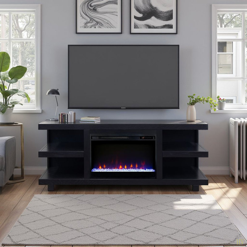 Laurel Canyon 65 Inch Fireplace TV Stand For Tvs Up To 75 Inches, Minimal Assembly, 25"H x 65"L x 17"W, Black