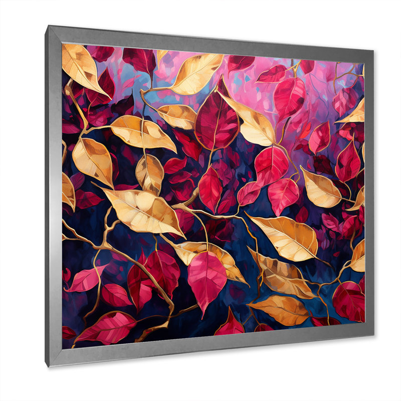 «Gold and Pink Leaves Charm», reproduction d'art sur toile, Cadre simple argenté, H 24 po x l 24 po x P 1 po