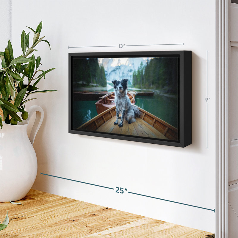 Border collie sur bateau, reproduction sur toile, H 9 po x l 13 po