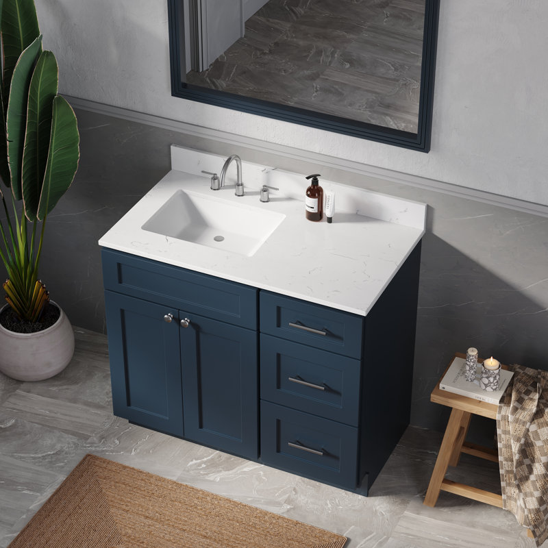 Meuble-lavabo simple avec plateau en quartz Disar, Gauche, Bleu