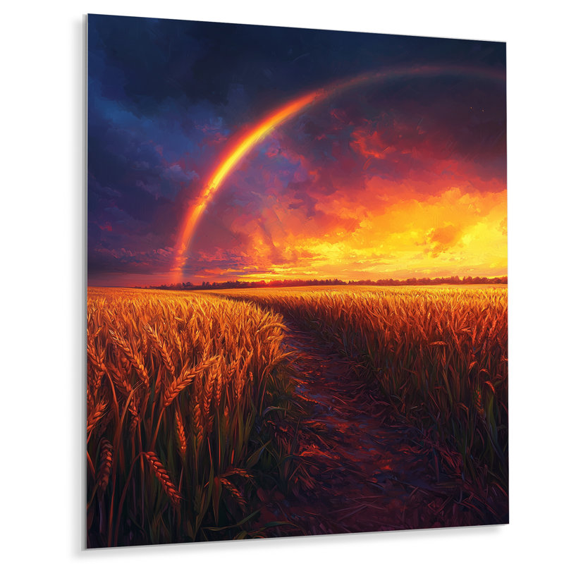 Arc-en-ciel au-dessus des champs de blé au coucher du soleil II - art mural arc-en-ciel en métal, H 20 po x l 12 po