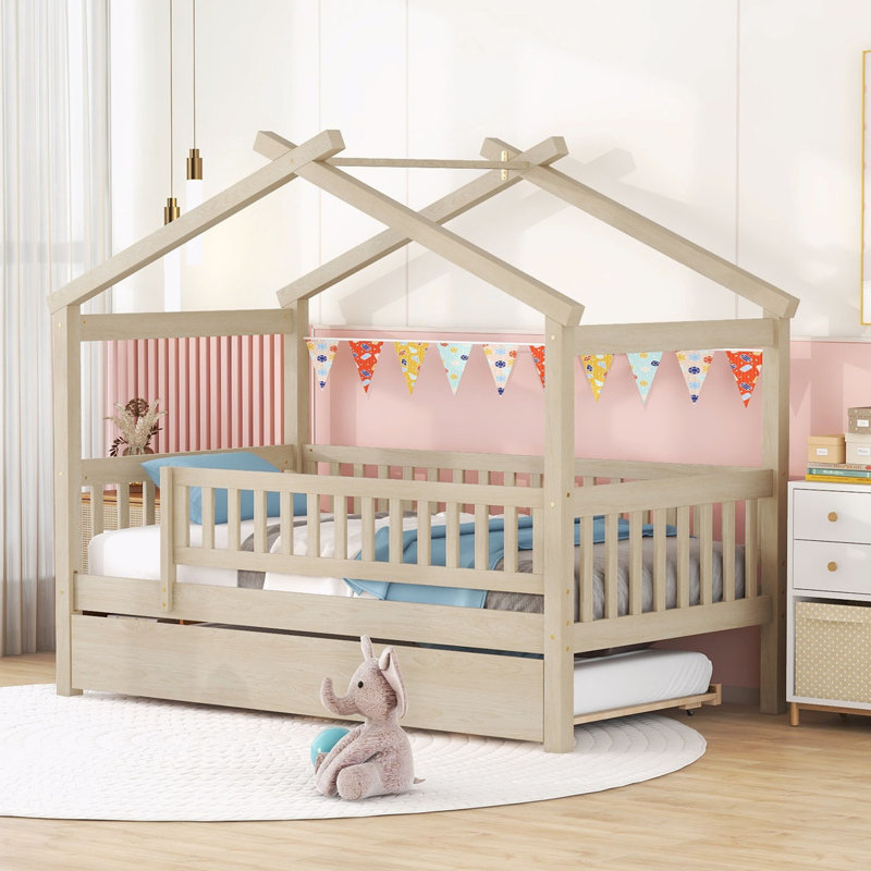 Zhayne Wooden House Bed with Trundle, Natural, Twin