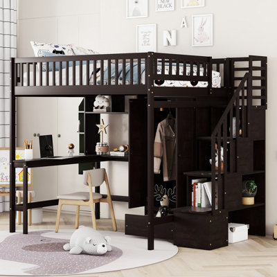 Lit mezzanine multifonctionnel avec bibliothèque intégrée, tiroirs, bureau et garde-robe pour une solution de chambre à coucher complète