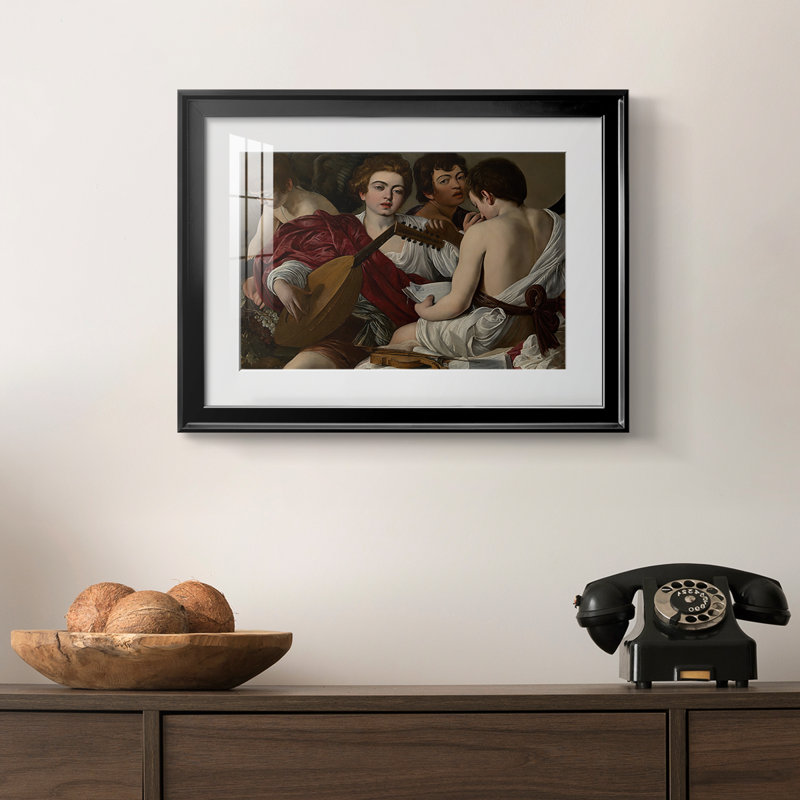 The Musisans-Caravaggio-Reproduction encadrée avec passe-partout et verre-c. 1595, 18,5 x 24,5, Impression encadrée, Noir