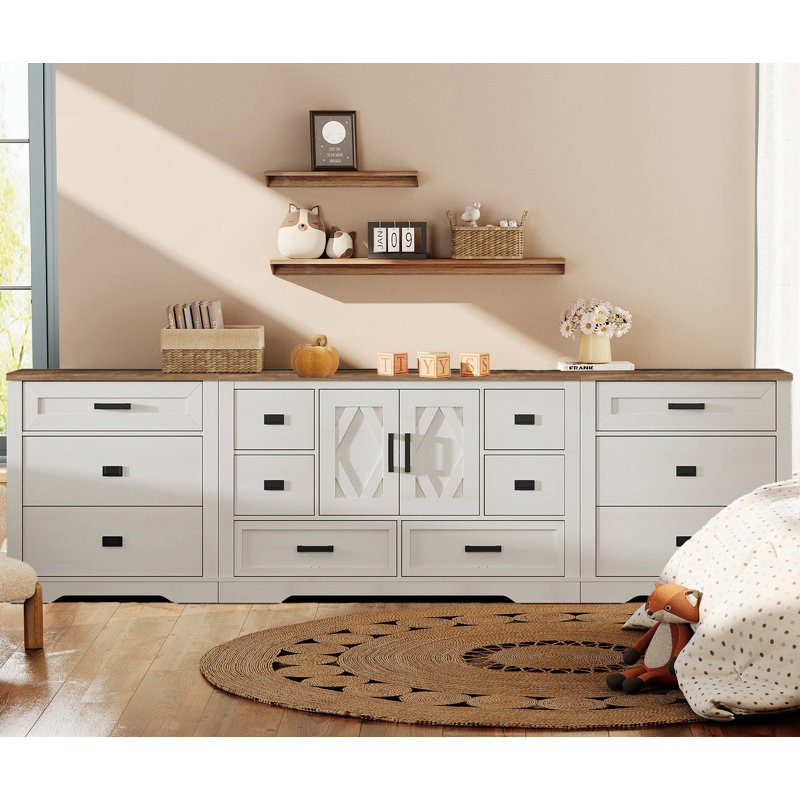 Laziza Modern Farmhouse Wooden Dresser Combo With 12 Drawers And Ajustable-Shelf-Cabinet For Kids, White