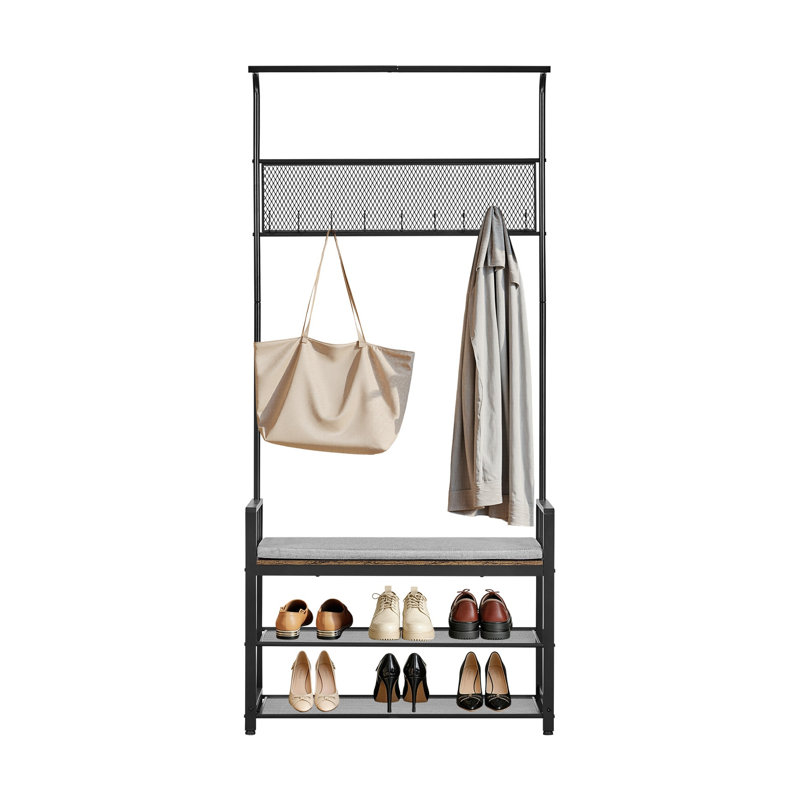 Portemanteau, portemanteau 72 po avec banc à chaussures, range-chaussures autoportant à 2 niveaux avec crochets, tringle et tablette grillagée, porte-manteau d'entrée en acier pour l'entrée, la chambre à coucher, le placard