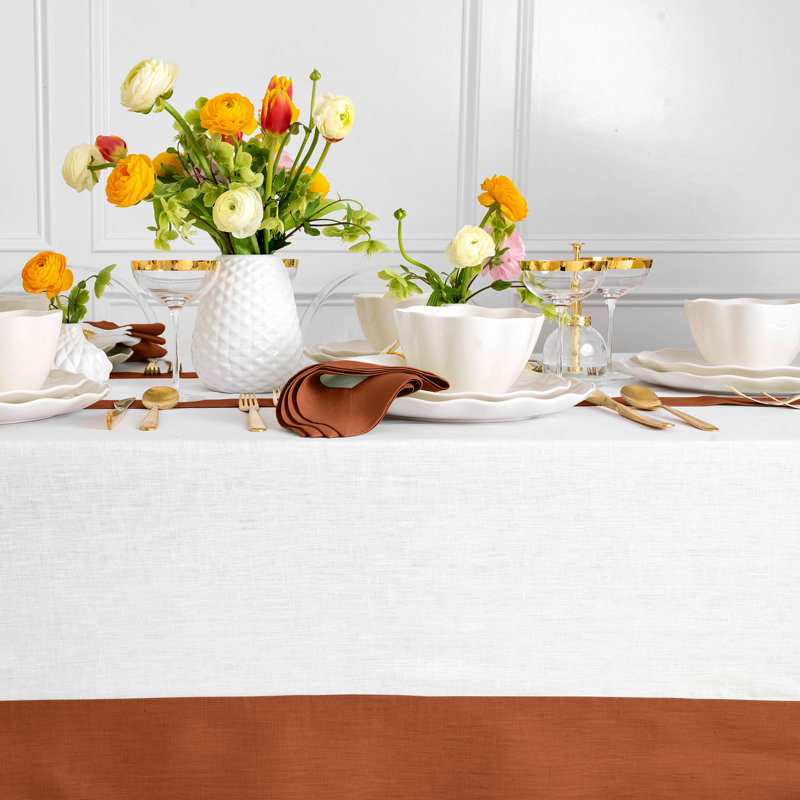 Contempo - 100% Pure Linen Tablecloth, 120" x 60", Cinnamon/White