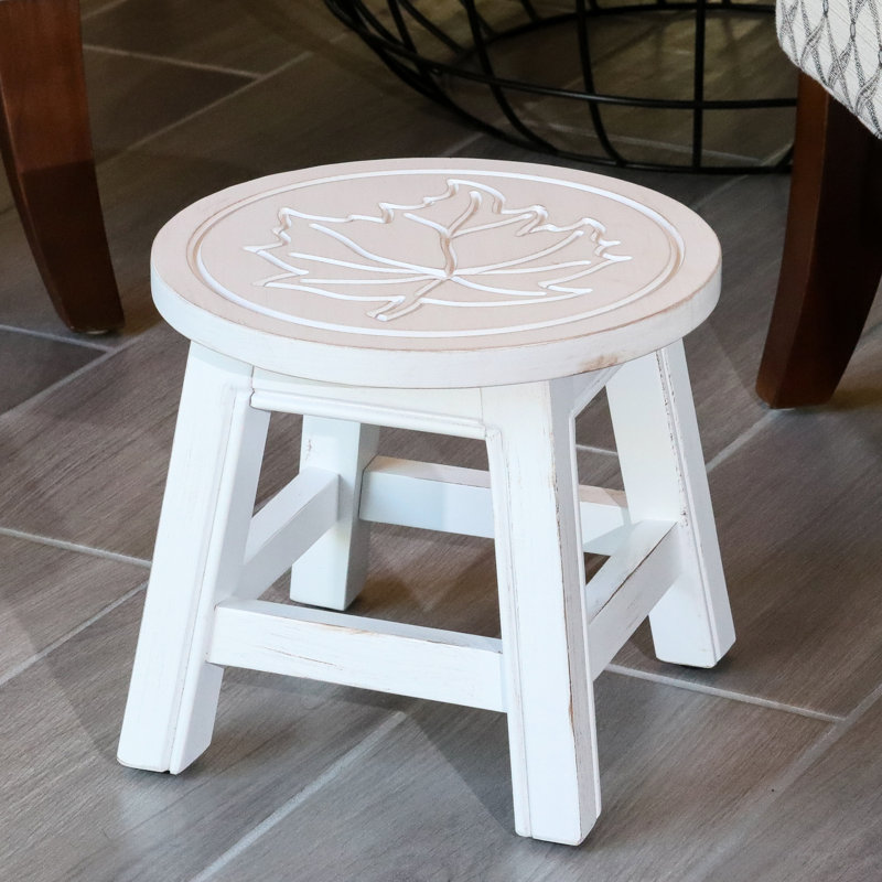 Tabouret en bois blanc antique - feuille d'érable en bois d'hévéa pour usage décoratif 10 H, 11 D, Blanc antique