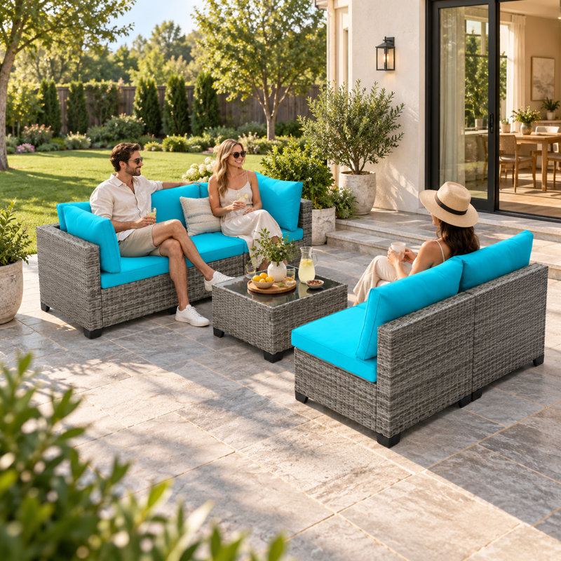 Ensemble de conversation pour patio 7 pièces avec table 7 pièces, Bleu paon
