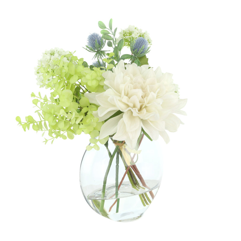 Dahlias and Eucalyptus Centerpiece in Vase, Beige