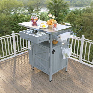 Outdoor Grill Cart With Lockable Wheels Rolling Kitchen Cart With Stainless Steel Top Folding Leaf, Solid Wood Outdoor Organizer
