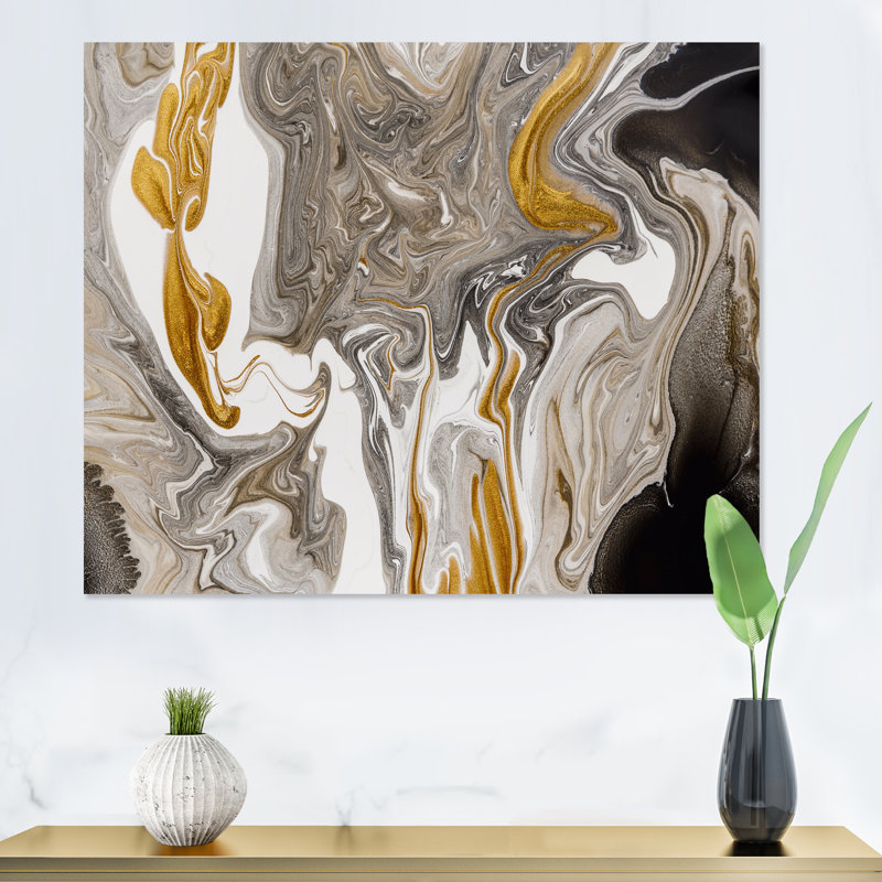 Vagues de marbre dorées et grises - peinture sur toile, H 24 po x l 32 po, Toile tendue