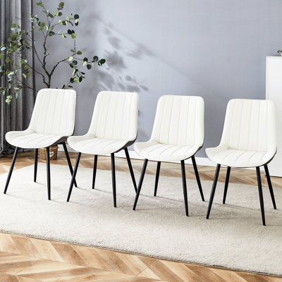 4 Dining Chair With Extended Seat Cushion. Smooth Line Design. Dark Grey & White Splicing. Pu Back. High Sponge Padding. And Comfortable Choice Cushions. Look. White. Filling. Comfort Durability