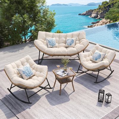 Munnsville Modern PE Wicker Outdoor Rocking Chair Set with 2-Person Egg Rocker and Oversized Papasan Chairs