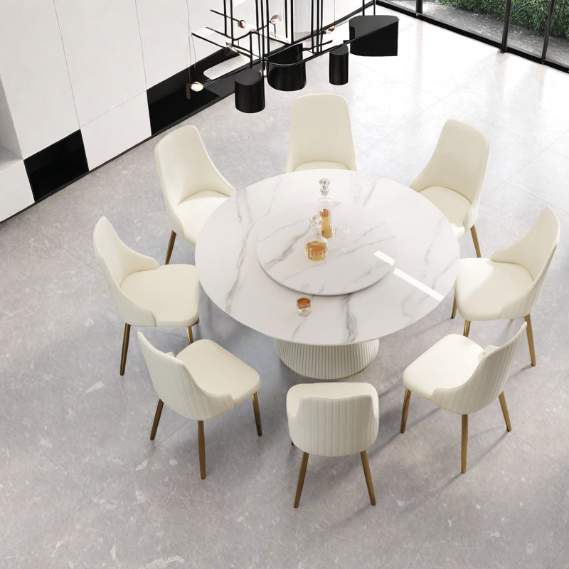 Ensemble de tables de salle à manger spacieuses et modernes avec 8 chaises, pierre frittée et base en polyuréthane