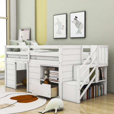 Lit mezzanine en bois jacquece avec tablettes et escalier