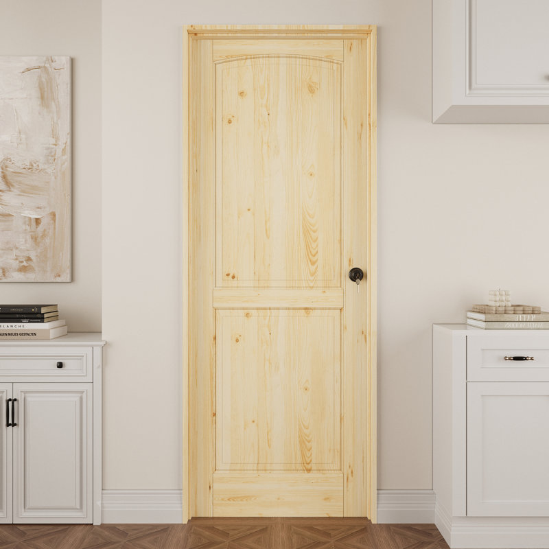 Porte intérieure à 2 panneaux en pin massif naturel de style colonial, pré-montée, avec kit de chambranle, joint d'étanchéité, ouverture à droite vers l'intérieur, charnières noires et poignée ronde, porte non finie et à peindre, pour garde-manger, chambre, salle de bain, garde-robe et salon, 91,4 cm x 203,2 cm