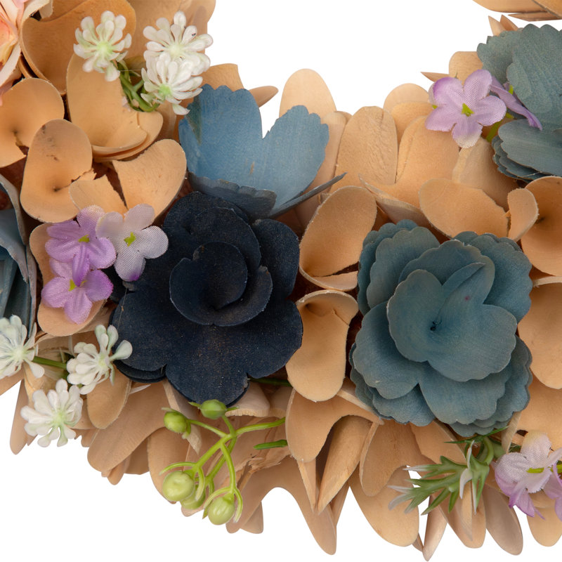 Wooden Spring Wreath With Mini Artificial Flowers- 14" - Blue And Cream