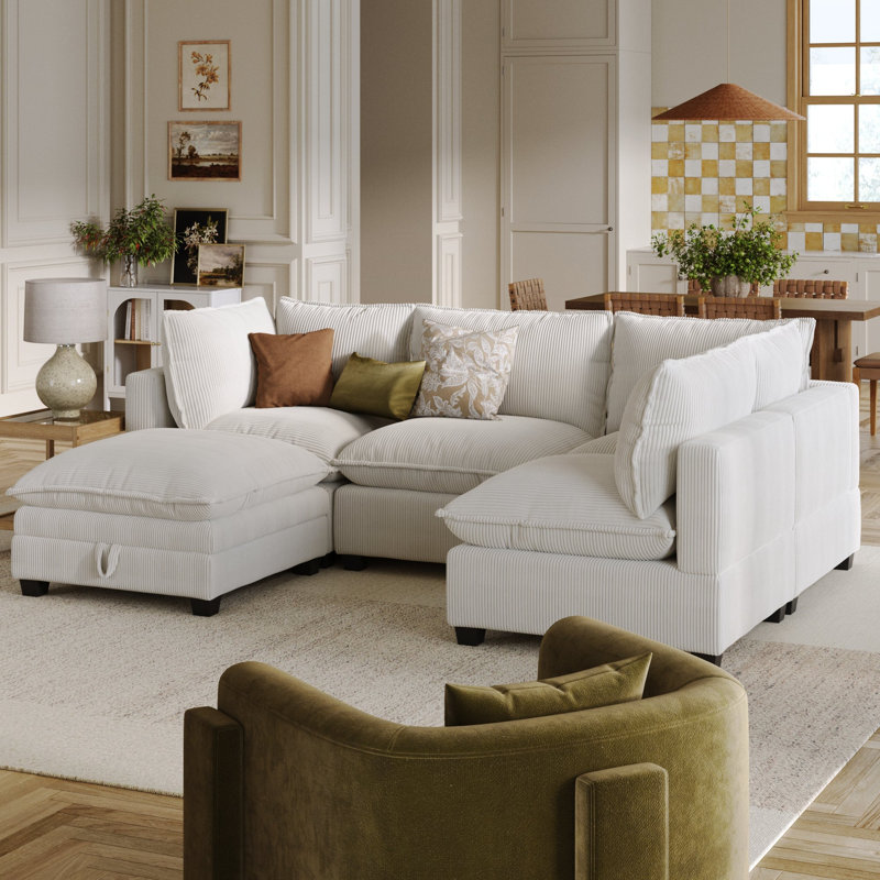 Canapé modulaire sans accoudoirs avec repose-pieds Somerdale, Velours côtelé beige