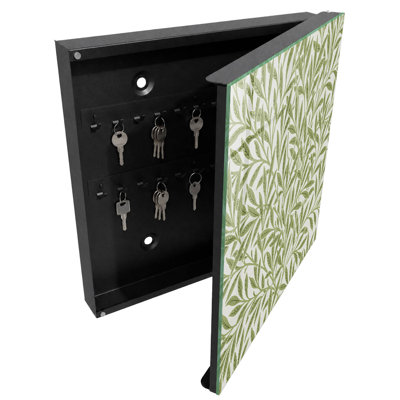 Decorative key box for wall, Opens to the right, 30x30x5, White, Green leaves on a cream background - elegance, 