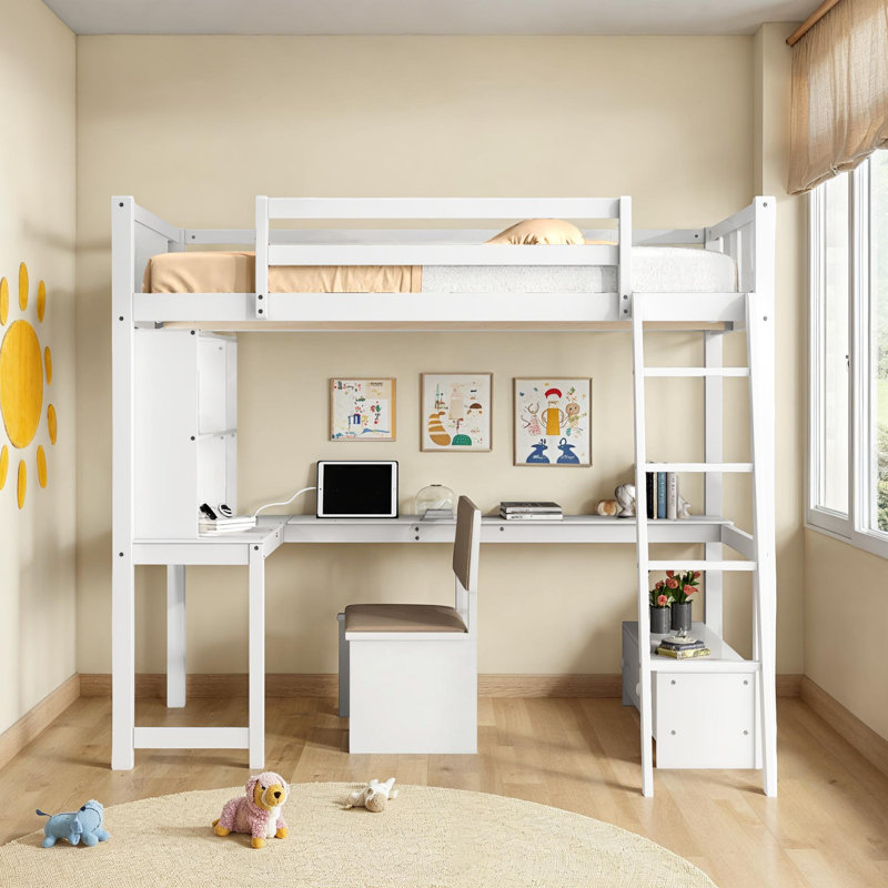Lit mezzanine double avec bureau avec DEL et USB, Blanc