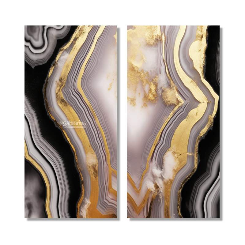 Opulent Glam Agate Black Gold - impression sur toile encadrée en marbre, art mural abstrait gris 2 panneaux, Toile tendue
