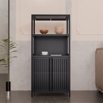 Black Bamboo Storage Cabinet, Separate Bathroom Cabinet With 2 Doors, Floor Cabinet Organizer For Living Room, Kitchen, Entrance