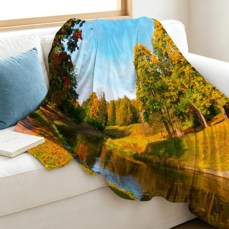 Jeté en molleton jaune ultra doux en flanelle, magnifique imprimé parc d'automne, Throw 40" x 50"