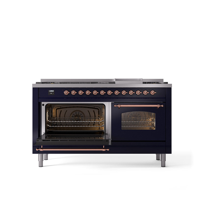 ILVE Nostalgie II 60 Dual Fuel Range, 9 Burners, Griddle, Natural Gas, Midnight Blue/Copper