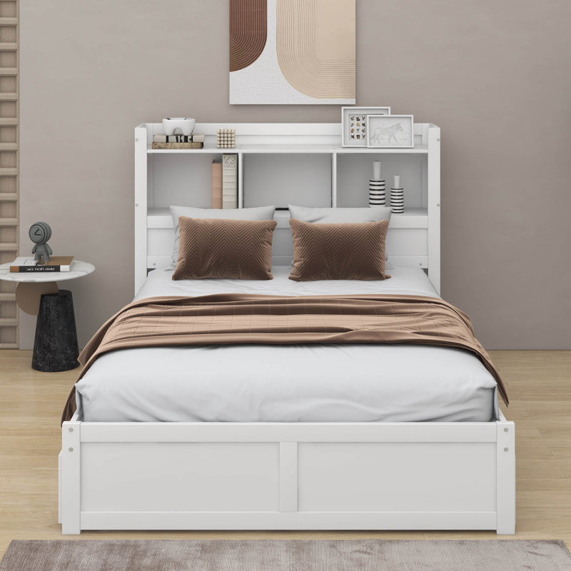Lit plateforme double avec tablettes, lit gigogne et 2 tiroirs, Blanc
