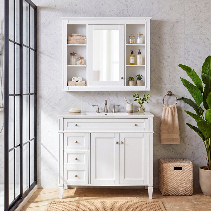 Armoire de toilette en bois massif de 91 cm avec miroir et étagères latérales ouvertes