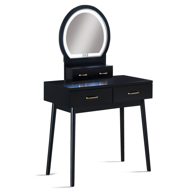 3Pc Vanity Table And Stool Set Built-In Led-Lit Mirror Matching Cushioned Stool Gold-Accented Handles Wooden Home Furniture