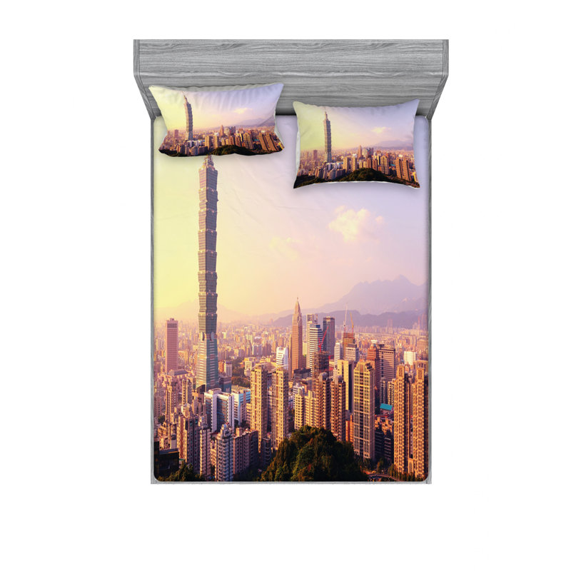 Ensemble de draps Evening Skyline of Taipei, Ensemble de draps pour lit double avec un drap-hou