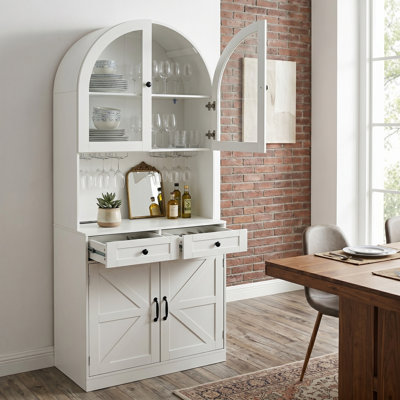 Grand garde-manger arqué de 75 po avec portes en verre, armoires de cuisine modernes avec tablettes réglables et tiroir, armoire de rangement en bois, prises de courant intégrées pour le salon, la salle à manger