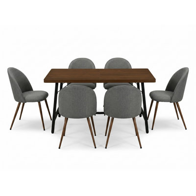 7-Piece Rectangular Wood-Look Dining Table Set With 6 Upholstered Chairs