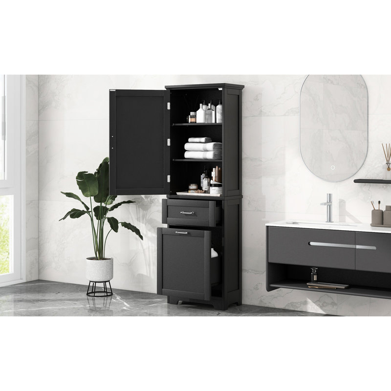 Grand rangement de salle de bain autoportant noir avec tablette réglable, deux tiroirs, dispositif de surmatelas et armoire peinte imperméable de différentes tailles