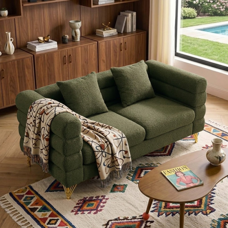Modern And Comfy Style Upholstered Loveseat Sofa With 2 Pillows And Metal Legs, For Indoor Use, Green Fabric