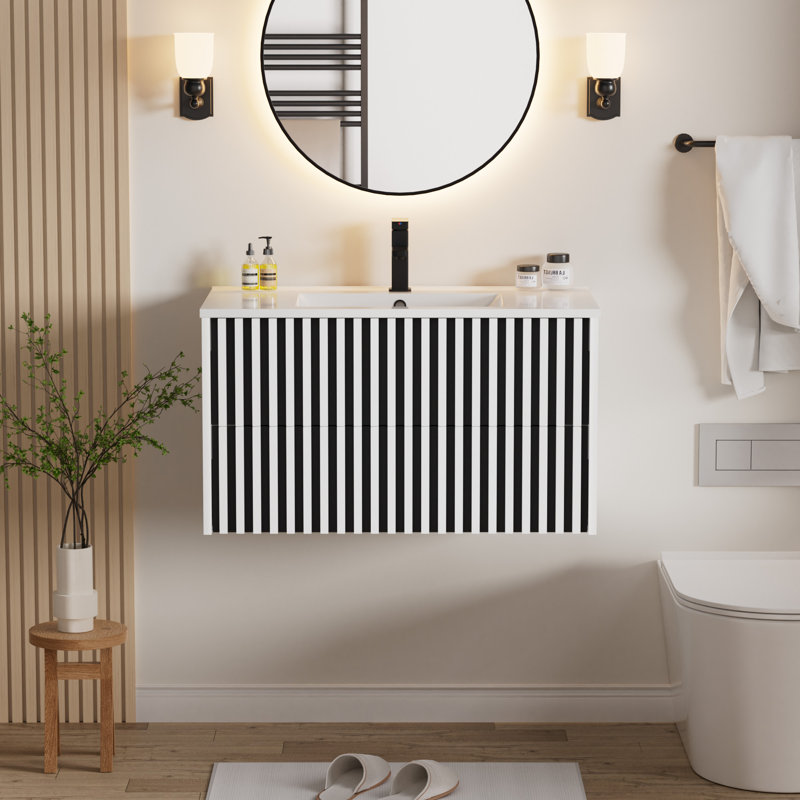 36" Wall Mounted Bathroom Vanity Set With Sink Top, Faucet And Drain, Floating Cabinet, White/Black