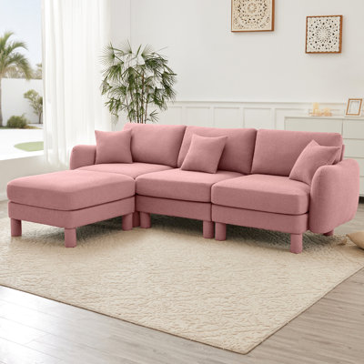 Tissu en forme de L rose à 3 places avec siège en forme de coquillage, pieds cylindriques et système de ressorts pour une forme de soutien durable, respirant et relaxant à la maison