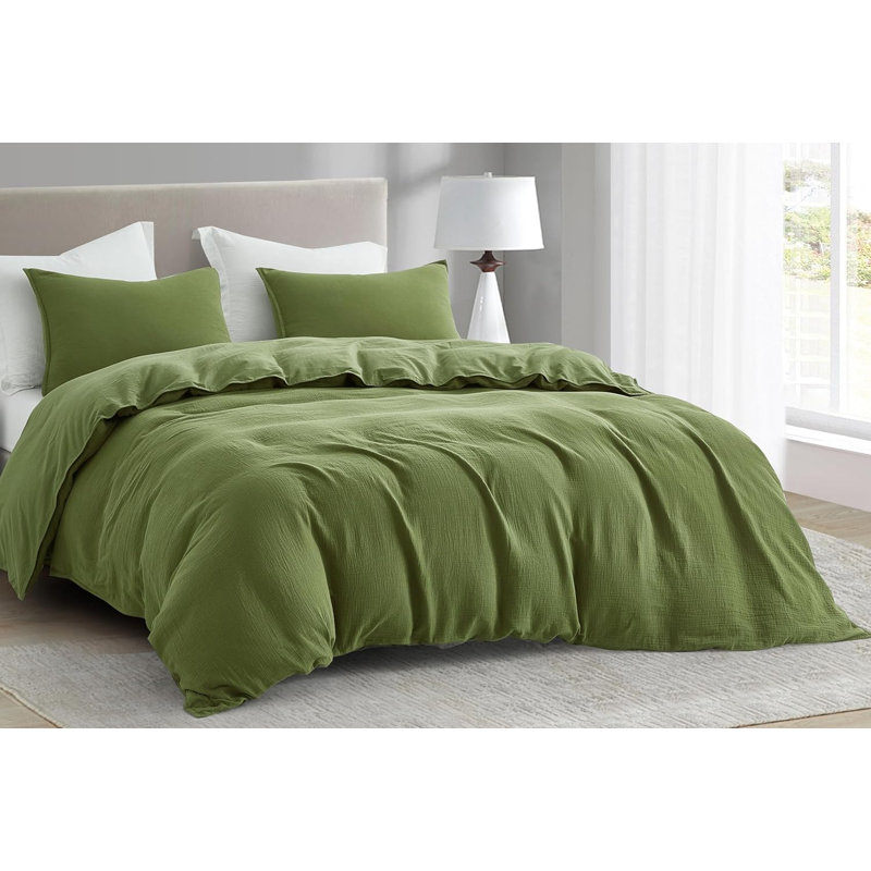 Breeze Cotton Gauze Duvet Cover Set, Queen Duvet Cover + 2 Standard Shams, Olive Green