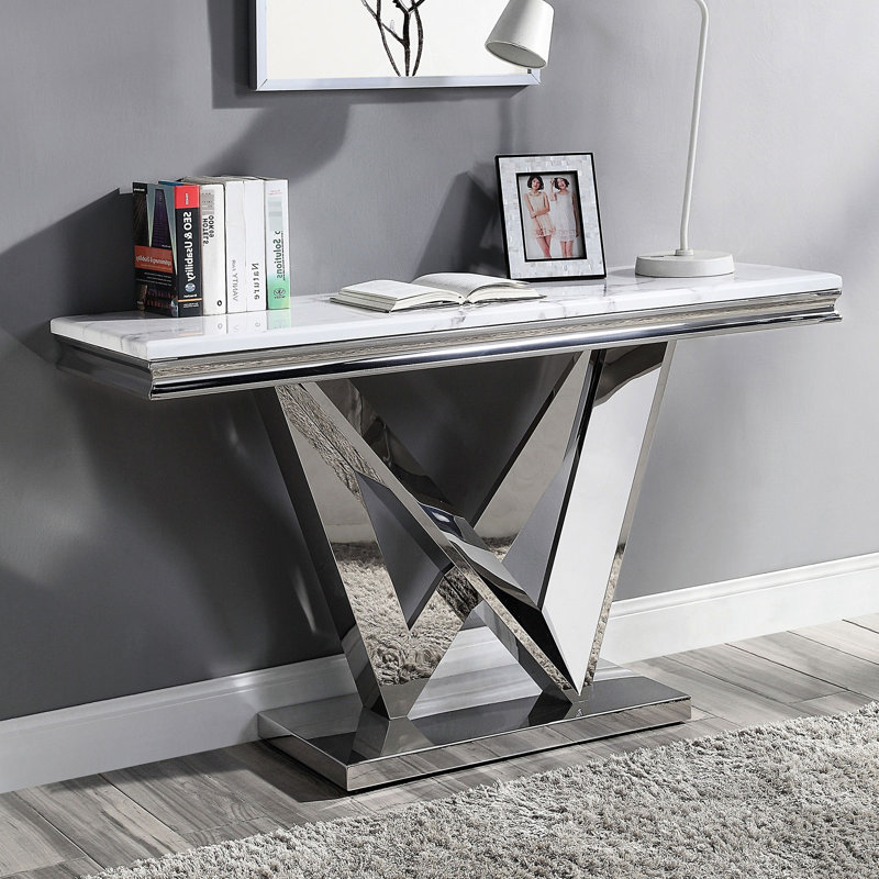 Table de style moderne 1Pc avec plateau en faux marbre biseauté de 18 mm, piédestal en forme de V en acier inoxydable, base rectangulaire, surface gérable au design élégant