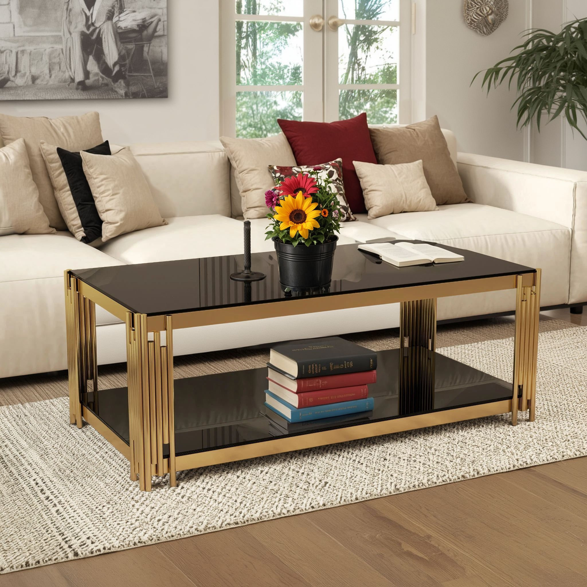 Everly Quinn Black Modern Living Room Table Rectangular Double-Layer ...