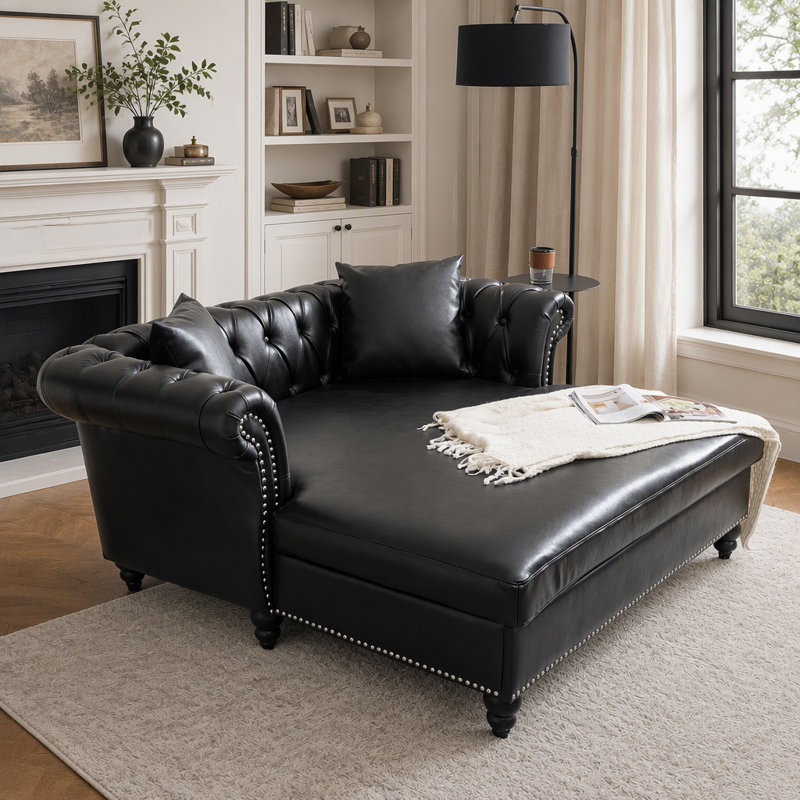 Méridienne de 63 po avec 2 coussins, causeuse surdimensionnée en similicuir pour un maximum de confort et de style, Noir