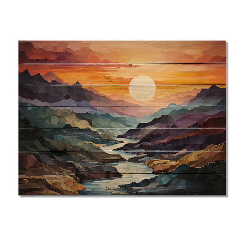 Paysage audacieux orange sur fond bleu sarcelle sur bois, H 24 po x l 32 po x P 0,78 po
