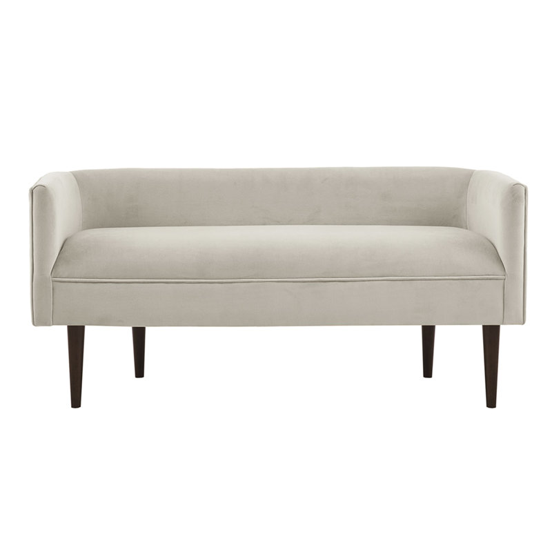 Banc d'appoint en velours crème, pieds en bois massif brun foncé, banc de charme chic transitionnel - Rembourrage
