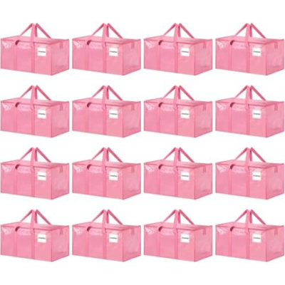 Paquet de 16 très grands sacs de déménagement robustes, bacs de rangement roses avec couvercles, poignées renforcées et fermetures à glissière robustes