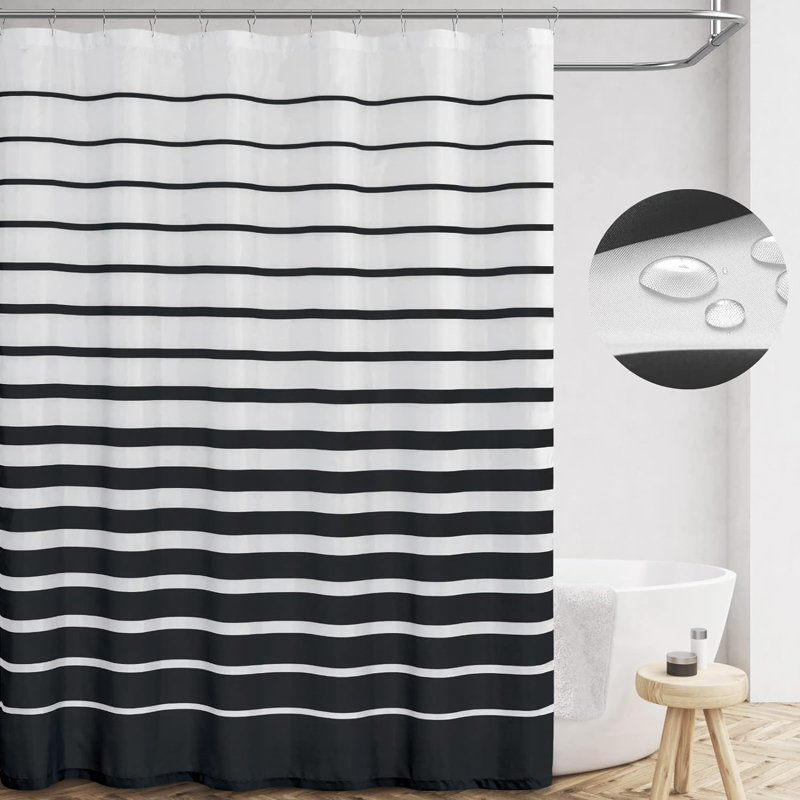 Black and White Striped Shower Curtain with Curtain Hooks