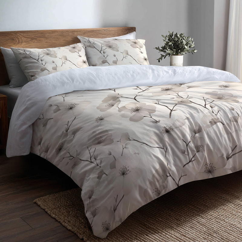 Ensemble de literie à motif floral de 3 pièces - housse de couette et coussin décoratif ivoire cerisiers en fleurs